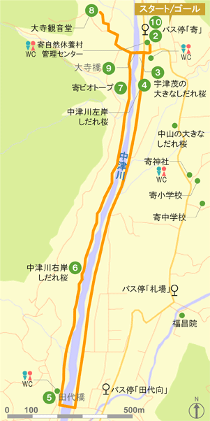 中津川の恵み、さくらと蛍の清流さんぽコースの地図